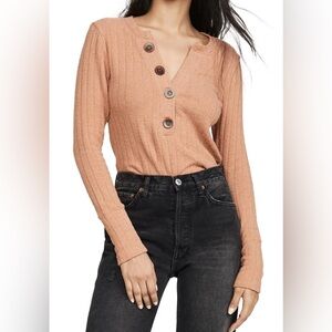 We The Free - Free People Oliver Henley  Long Sleeve Terracotta Ribbed Top - S
